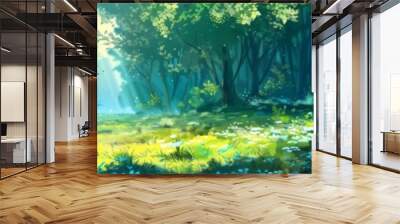 Illustration of the sunrise inside a fantasy forest Wall mural