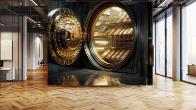 In a bank vault with an open door, store gold bars, inside in a gold vault money. In a bank vault money, store dollar and euro bills. In a Federal Reserve Bank storage room with golden walls and gold Wall mural