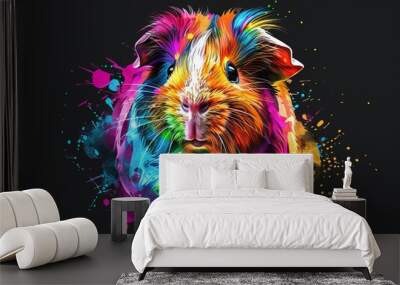 In neon and pop art style, with bright bursts of color against a black backdrop, a guinea pig sits on a black platform. CG animation. Wall mural