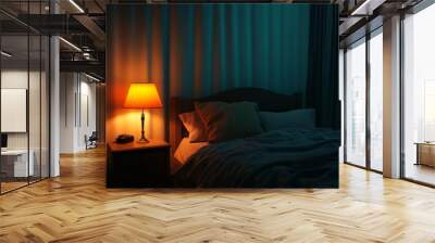 Interior bedroom design. Square view of gray velor bed and gray linens, emerald green wall, and two bedside tables. Stock image. Wall mural