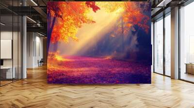 It's Autumn time. Autumn park. Orange, red, and yellow leaves in the sun Wall mural