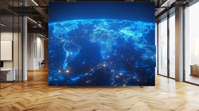 Modern world map with blue shade, cyberspace, and visual energy. Computer world structure analysis. Internet infrastructure and science background. Wall mural