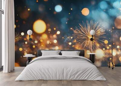 New Year's Eve Holiday Event Party Firework - Festive winter background panorama banner with golden fireworks and champagne toasting on dark skies with bokeh. Wall mural