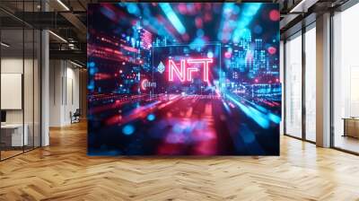 NFT non fungible token for blockchain data transmission room. Illustration in three dimensions. Wall mural