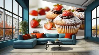 On a business breakfast buffet, a chocolate covered chocolate chip muffin frosted or sprinkled with icing sugar is an excellent choice Wall mural