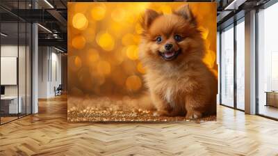 On a gold glitter background, a cute Pomeranian puppy sits. Wall mural