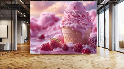 On a table with strawberries, delicious desserts, pink clouds with keto ice cream, restaurant banner, tasty ice cream with strawberries on a table Wall mural