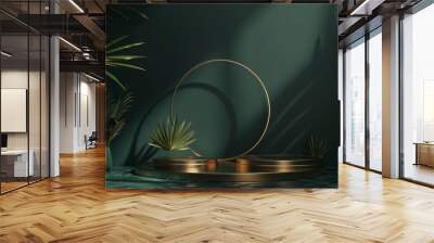 Pedestal, shelf, and niche. Gold glitter palm leaves. 3D render illustration. Podium steps for brand promotion. Creative background for advertising presentation. Stand base mockup. Wall mural