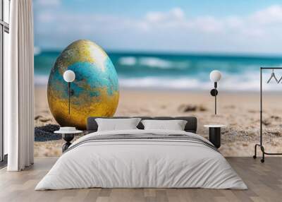 Planet earth globe on ocean sea sand beach, copy space, global, nature, green, summer vacation. Wall mural