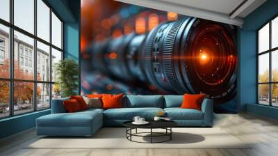 Professional video camera lens with lens flare filmmaking and videography concept Wall mural