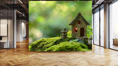 Realistic photography of a miniature green macro house with moss texture. Wall mural