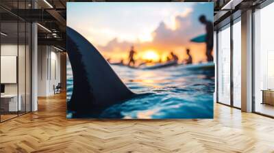 Sea or ocean water surface with dangerous shark animal predator fins emerging from it, people playing in the water as if on vacation, ready for an attack, aggressive. Wall mural