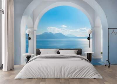 Stock. Beautiful landscape with a view of the sea. White architecture on Greece. Wall mural