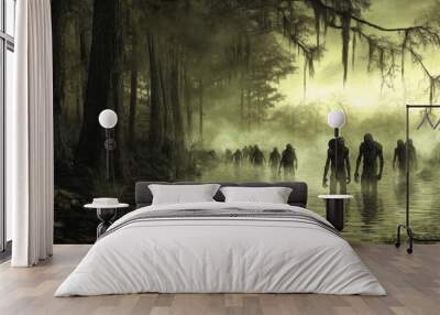 Stunning photo of a haunted swamp filled with eerie creatures. Wall mural