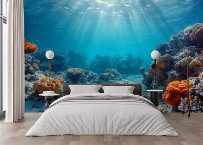 Stunning underwater scene with tropical seabeds, reefs and sunshine Wall mural