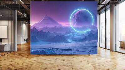 The bright blue neon circle is surrounded by mountains against the starry background of a rotating night sky. This 3D illustration shows a minimalistic fantastic landscape. Wall mural