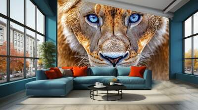 The face of a lioness with blue eyes is closeup of a dangerous predator, a dangerous safari hunter, looking directly into the camera. Wall mural