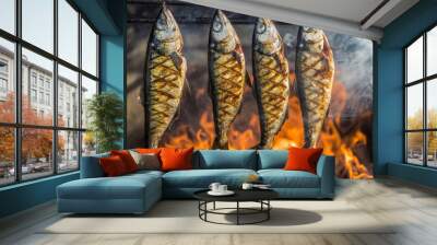 The fish is placed in a special metal container and prepared for smoking Wall mural