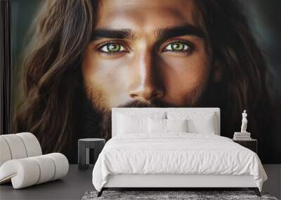 The image shows Jesus Christ looking at the camera with green eyes, a beard, and wavy hair in daylight. Wall mural