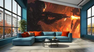 The soldiers in the armor are engaged in an epic battle in a science fiction arena against monsters and aliens invading. High-tech. Stock photo. Wall mural