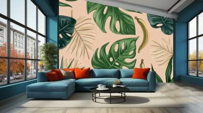 The tropical exotic seamless pattern with dark golden and green vintage palm leaves is perfect for product presentations, backdrops, wallpaper, and fabric painting. Wall mural