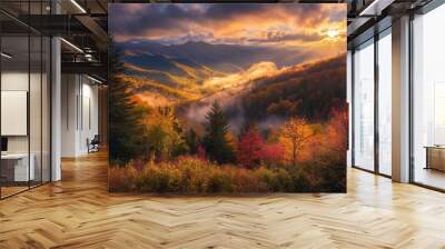 There is fog and haze in the distant valleys of the Great Smoky Mountains National Park along with peak autumn colors. Wall mural