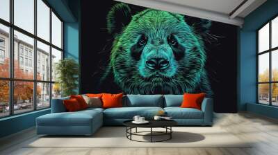 This CG artwork features a panda in neon colors over a black backdrop in a pop art portrait with watercolor splatters. Wall mural