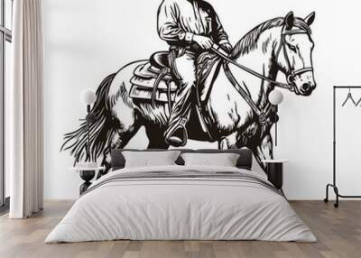 This illustration features a cowboy riding a galloping horse with detailed hatching and dynamic motion sketches engraved on the image. It is an imitation of scratch board, and is made of black and Wall mural