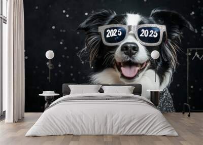 This is a happy new year dog wearing glasses and a jacket designed for 2025. It is isolated on a black background. Wall mural