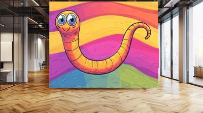 This line art illustration depicts a cartoon monster leech in a rainbow gradient Wall mural