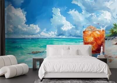 This watercolor illustration depicts a tasty cocktail at the beach with summer vibes Wall mural