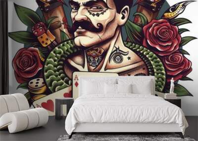 Various tattoo images with an isolated tattoo hipster man. Wall mural