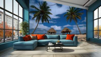 Water reflecting palm trees in a tropical blue pattern Wall mural