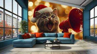 Cheerful cat with loudspeaker in holiday setting. Wall mural