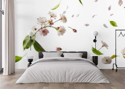 Cherry blossoms and leaves gently floating. The set includes whole flowers, buds, and individual petals, creating a sense of a breeze in springtime. Wall mural