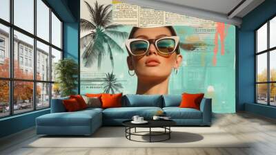 Chic summer mood board with a stylish woman in oversized sunglasses, featuring vintage cut-and-paste palm trees and vibrant abstract elements. Wall mural