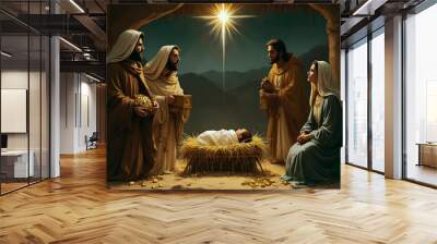 Adoration of the Shepherds - Nativity. Biblical scene. Holy Family, virgin Mari and 3 three wise men. merry Christmas time celebration. kings giving gifts to baby Jesus Christ. star of bethlehem. Wall mural