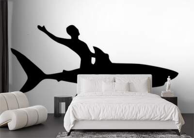 black silhouette of Man riding a great white shark. illustration. isolated on white background. rider. Wall mural