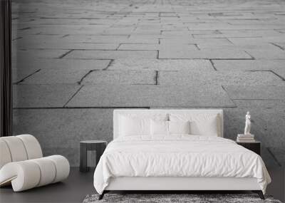 Empty grey tiled floor, pavement in perspective on modern architecture background. Abstract concrete glass building, Outdoor observation deck. street urban tile flooring. paving stones. blurred city Wall mural