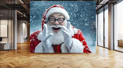 funny beardly laughing Santa Claus wearing red traditional costume having fun, on snowfall background. happy new year. merry christmas. empty copy space for inscription. Wall mural