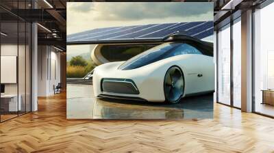 Generic futuristic autonomous electric concept car. Solar power plant on the school roof. View of the photovoltaic panels against trees, white color. Fighting the energy crisis. futuristic vehicle. Wall mural