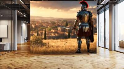 Roman male legionary, legionaries wear helmet with crest, long sword and scutum shield, heavy infantryman, realistic soldier of the army of the Roman Empire, on Rome background. Warrior Gladiator Wall mural