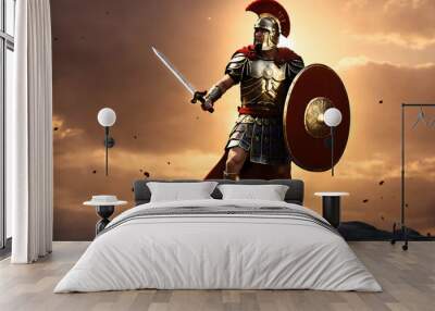 Roman male legionary (legionaries) wear helmet with crest, gladius sword and a scutum shield, heavy infantryman, realistic soldier of the army of the Roman Empire, on Rome background. Generative ai Wall mural