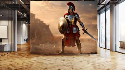 Roman male legionary (legionaries) wear helmet with crest, gladius sword and a scutum shield, heavy infantryman, realistic soldier of the army of the Roman Empire, on Rome background. Generative ai Wall mural