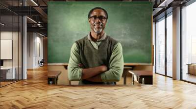 serious portrait of middle aged african american man without student kids in elementary school teacher teaching a class. male with arms crossed. folded hands classroom with green blackboard background Wall mural