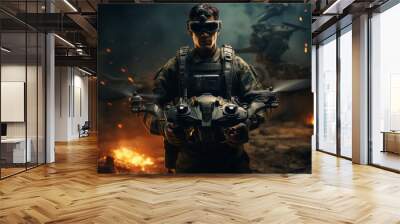 Soldier Using Drone for Scouting During Military Operation. anti terrorist special force on action with helicopter. Military warrior holding a VR drone controller. Modern War. glasses. Generative ai Wall mural