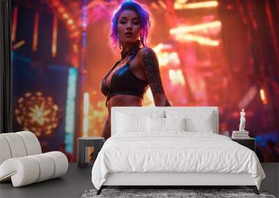 tattooed sexy female woman dancing at nightclub wearing leather bra and shorts, tattoo on body. Young seductive lady dance at people background. girl go go dancer working in night club Generative ai Wall mural