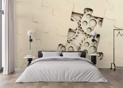 wooden gears under the puzzle, the concept of moving to the next level. Cog wheels coming out from underneath a jigsaw puzzle. solving the problem concept - puzzles and cogwheels. Wall mural