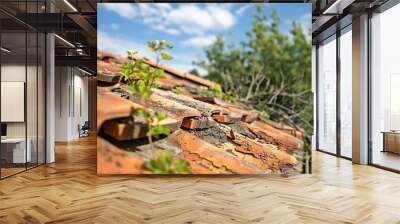 Close-up of a damaged terracotta roof with plants growing between the tiles. The background features a clear sky and green trees, highlighting the effects of neglect and weather on roofing materials. Wall mural