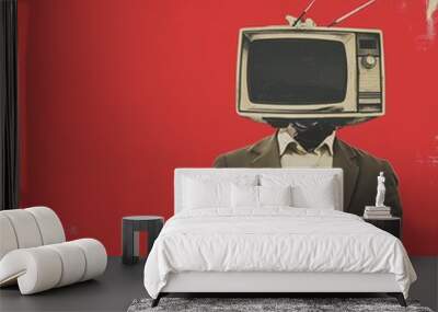 Contemporary collage featuring a man in a suit with a retro TV for a head against a textured red background, evoking media influence themes. Wall mural